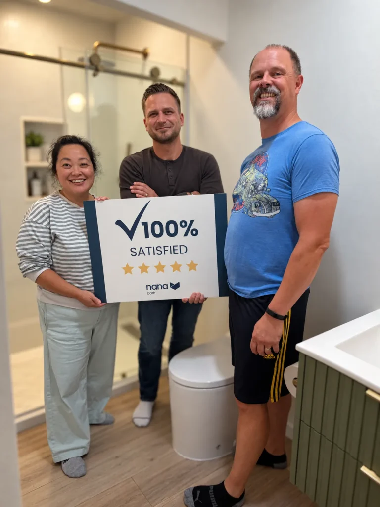 Wade and family with the Nana Bath team in their new accessible bathroom in Kenmore
