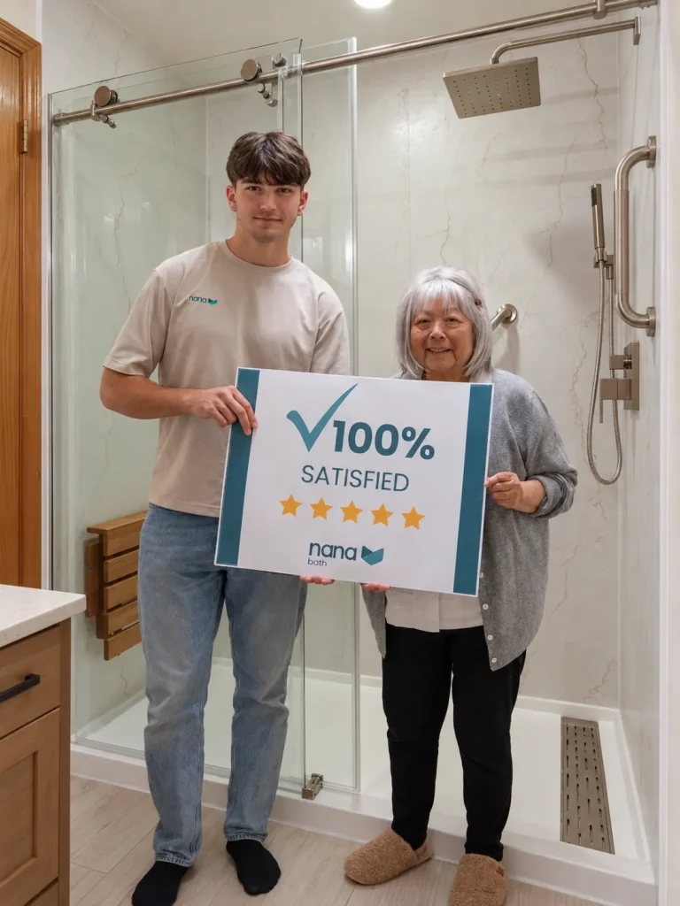 Norma with the Nana Bath team in front of her new walk-in shower in Renton
